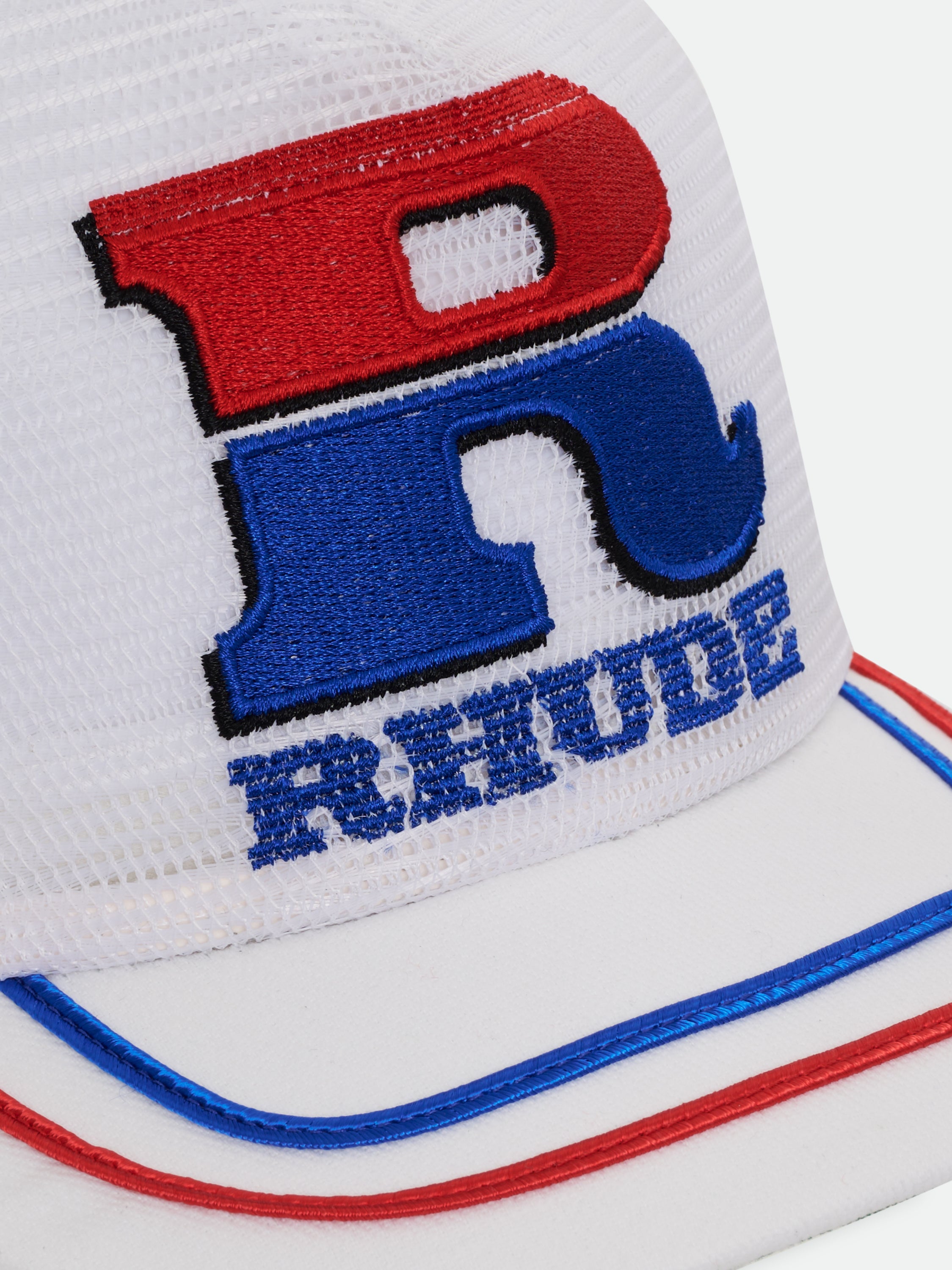 SPLIT PETROL LOGO MESH TRUCKER HAT - WHITE \/ RED \/ BLUE