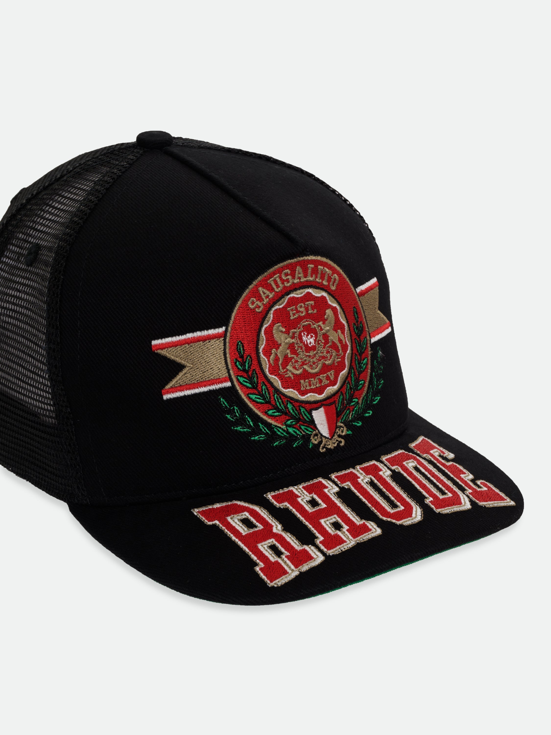 SAUSALITO CREST TRUCKER HAT - BLACK \/ WHITE \/ RED