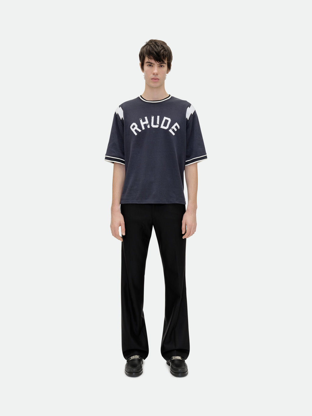 RHUDE LIGHTNING RINGER JERSEY TEE - NAVY\/WHITE
