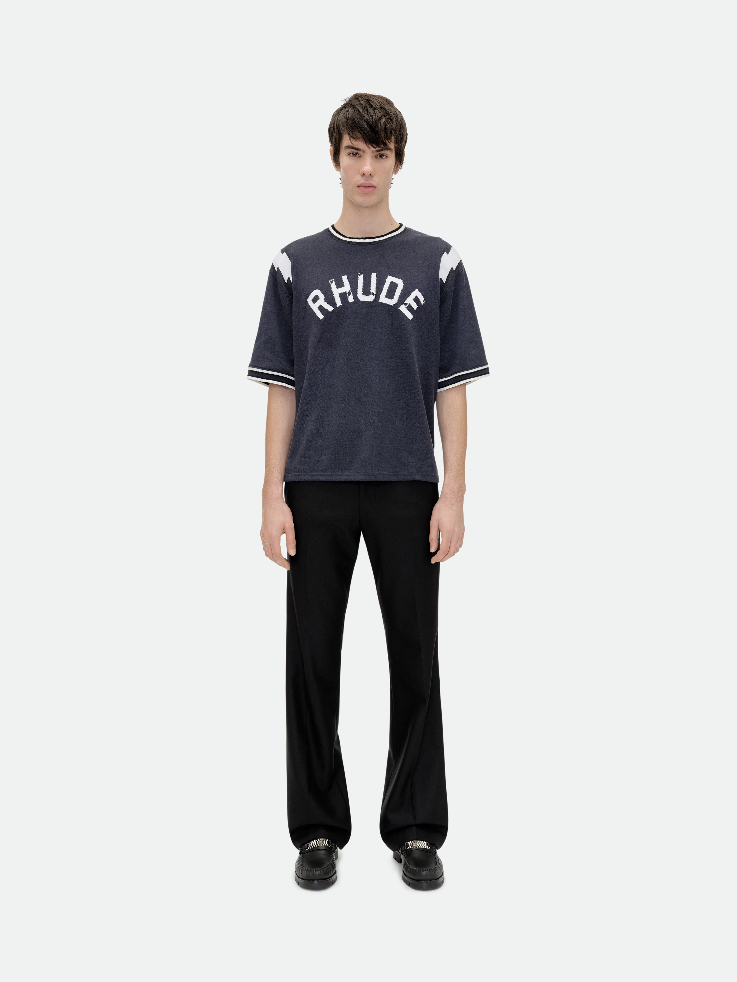 RHUDE LIGHTNING RINGER JERSEY TEE - NAVY\/WHITE